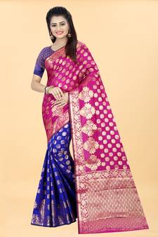 Blue Woven Banarasi silk blend Saree With Blouse