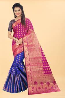 Blue Woven Banarasi silk blend Saree With Blouse