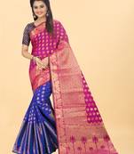 Blue Woven Banarasi silk blend Saree With Blouse