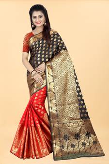 Red Woven Banarasi silk blend Saree With Blouse