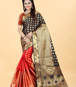 Red Woven Banarasi silk blend Saree With Blouse