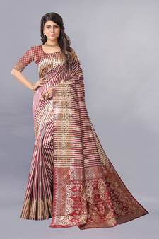 Maroon Woven Banarasi silk blend Saree With Blouse