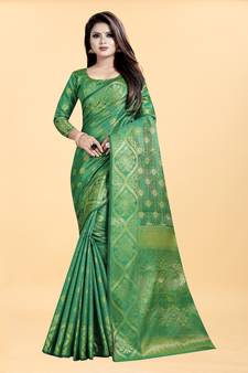 Green Woven Banarasi silk blend Saree With Blouse