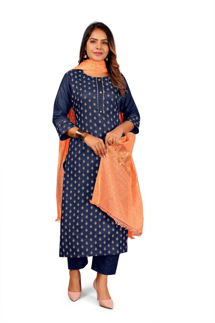 Seamore Cotton Blend Blue Printed For Women Stitched Kurta Set