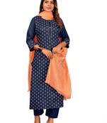 Seamore Cotton Blend Blue Printed For Women Stitched Kurta Set