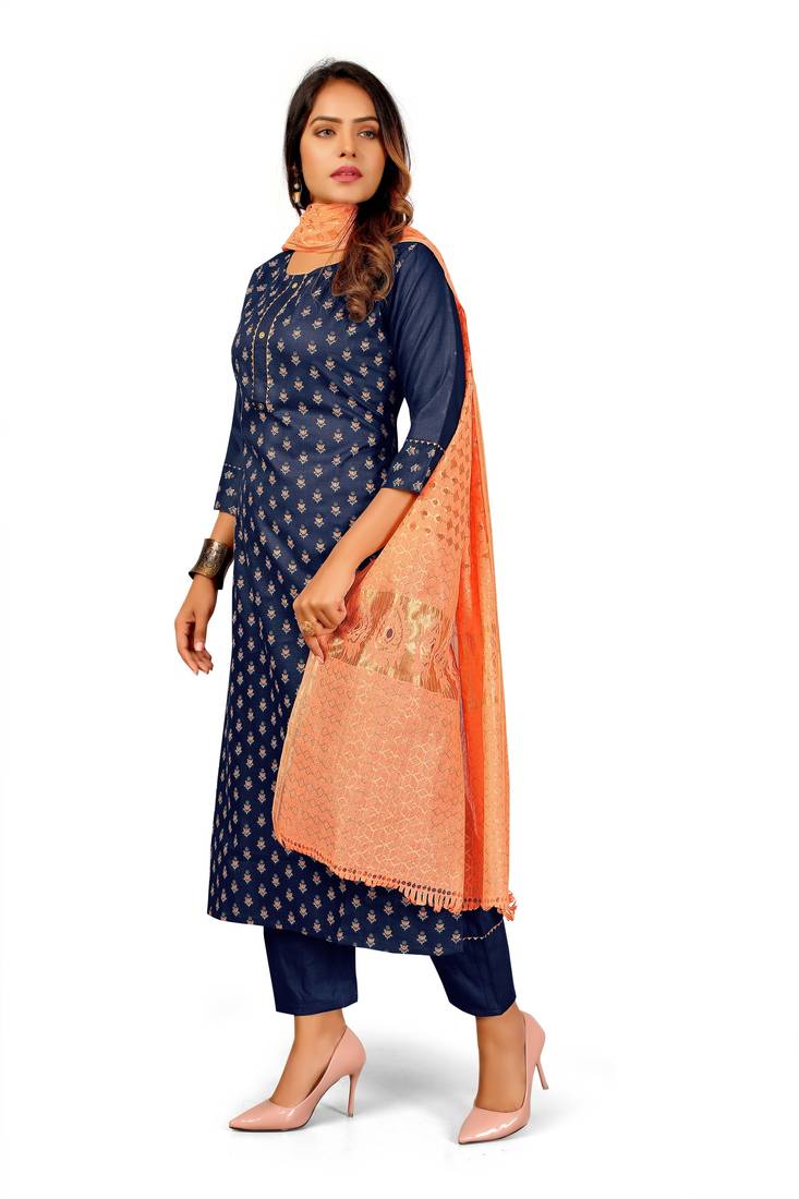Seamore Cotton Blend Blue Printed For Women Stitched Kurta Set