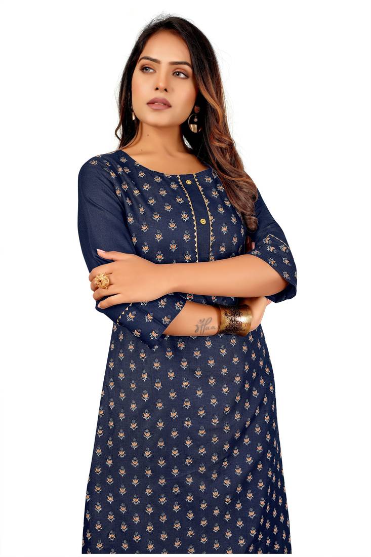Seamore Cotton Blend Blue Printed For Women Stitched Kurta Set