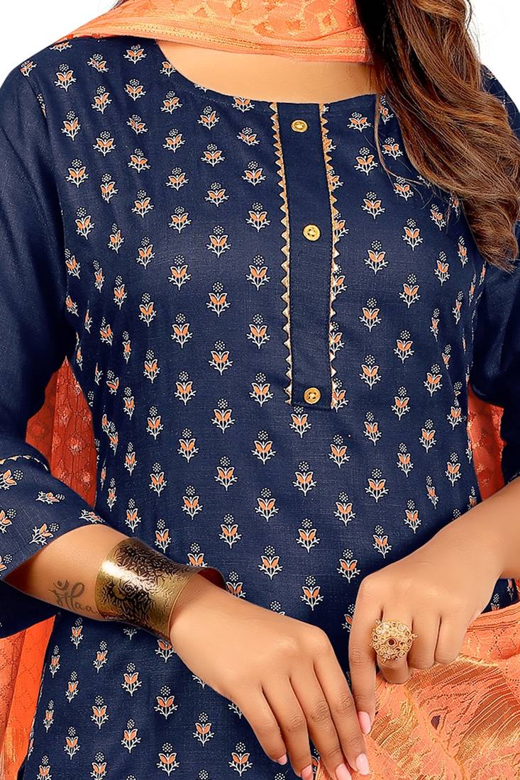 Seamore Cotton Blend Blue Printed For Women Stitched Kurta Set