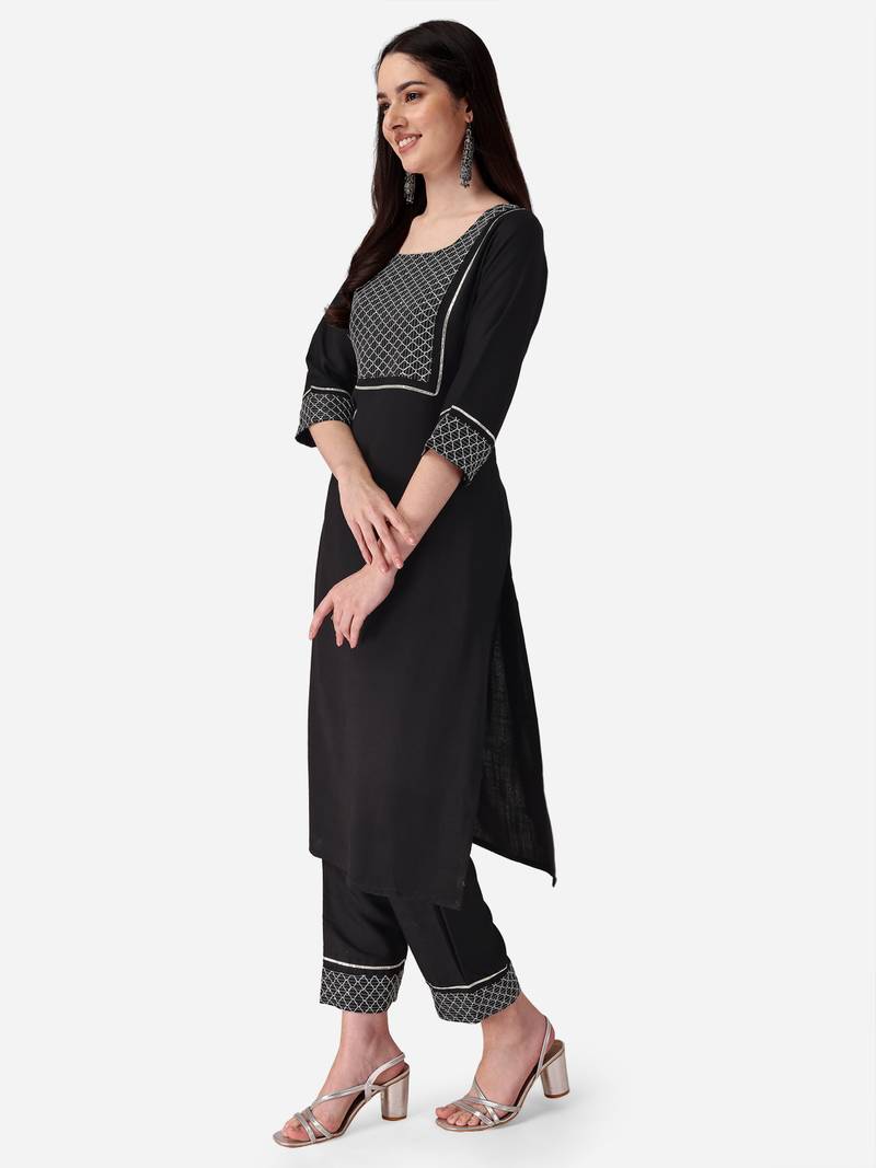 Seamore Cotton Blend Black Embroidery For Women Stitched Kurta Set