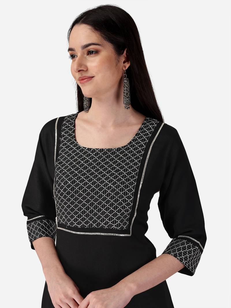 Seamore Cotton Blend Black Embroidery For Women Stitched Kurta Set