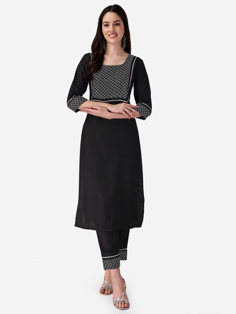 Seamore Cotton Blend Black Embroidery For Women Stitched Kurta Set