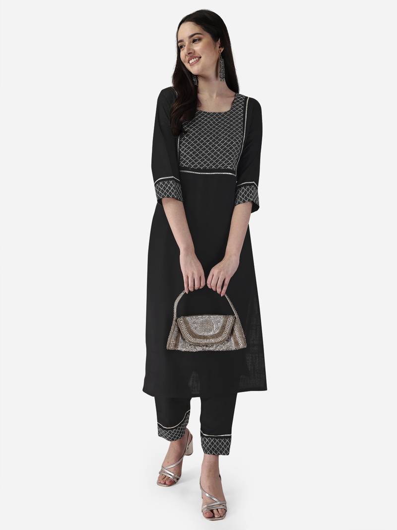Seamore Cotton Blend Black Embroidery For Women Stitched Kurta Set