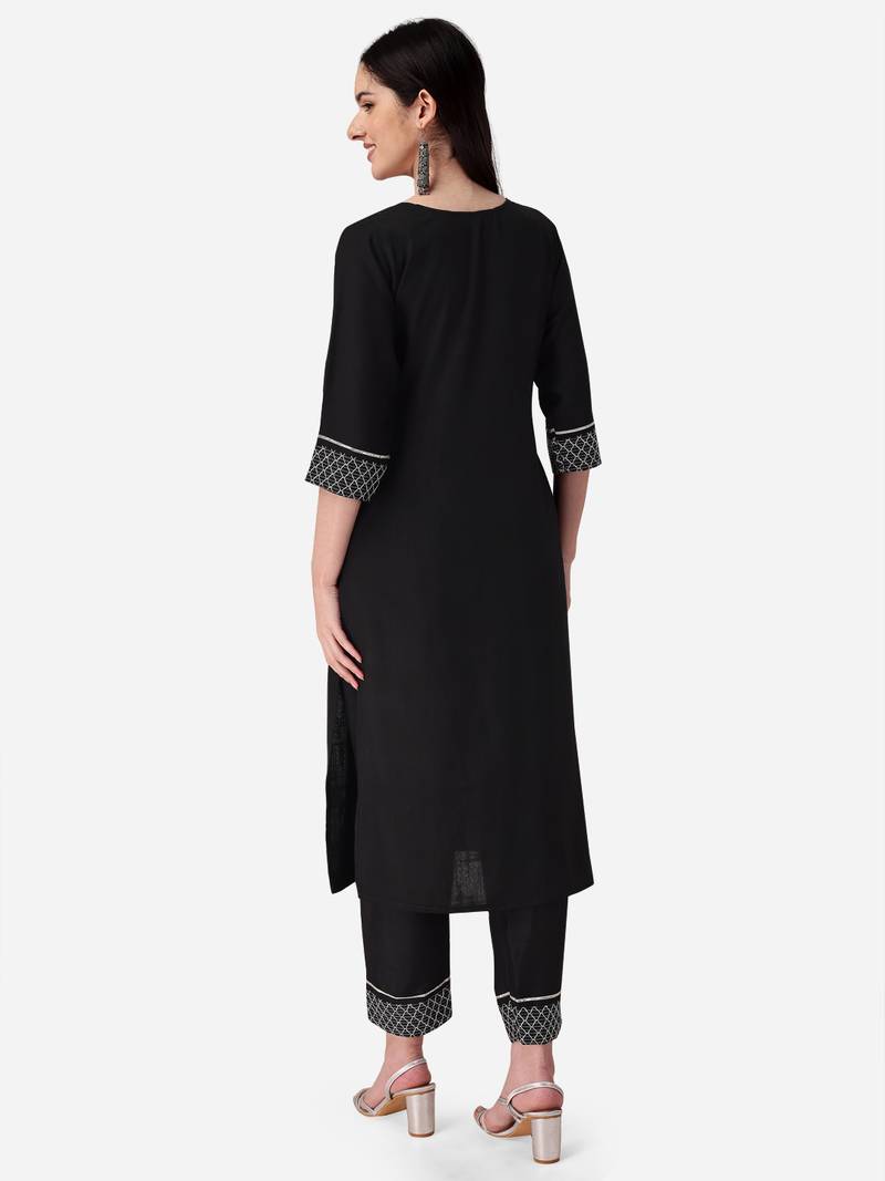 Seamore Cotton Blend Black Embroidery For Women Stitched Kurta Set