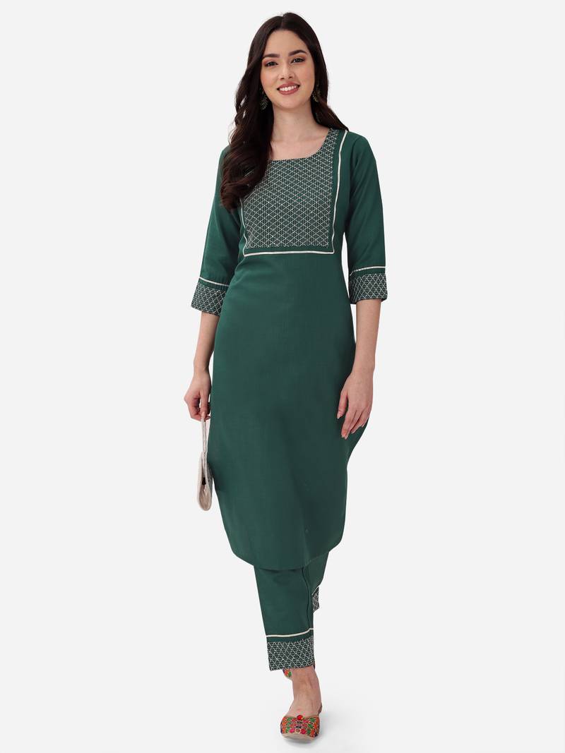 Seamore Cotton Blend Green Embroidery For Women Stitched Kurta Set
