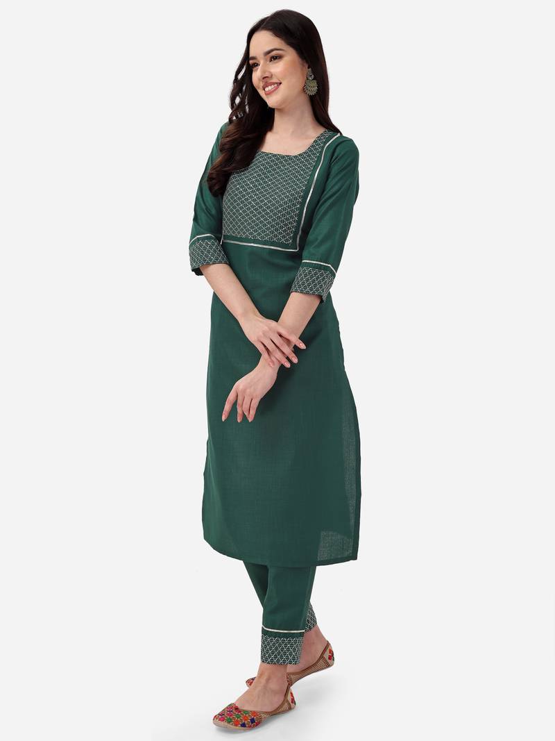 Seamore Cotton Blend Green Embroidery For Women Stitched Kurta Set