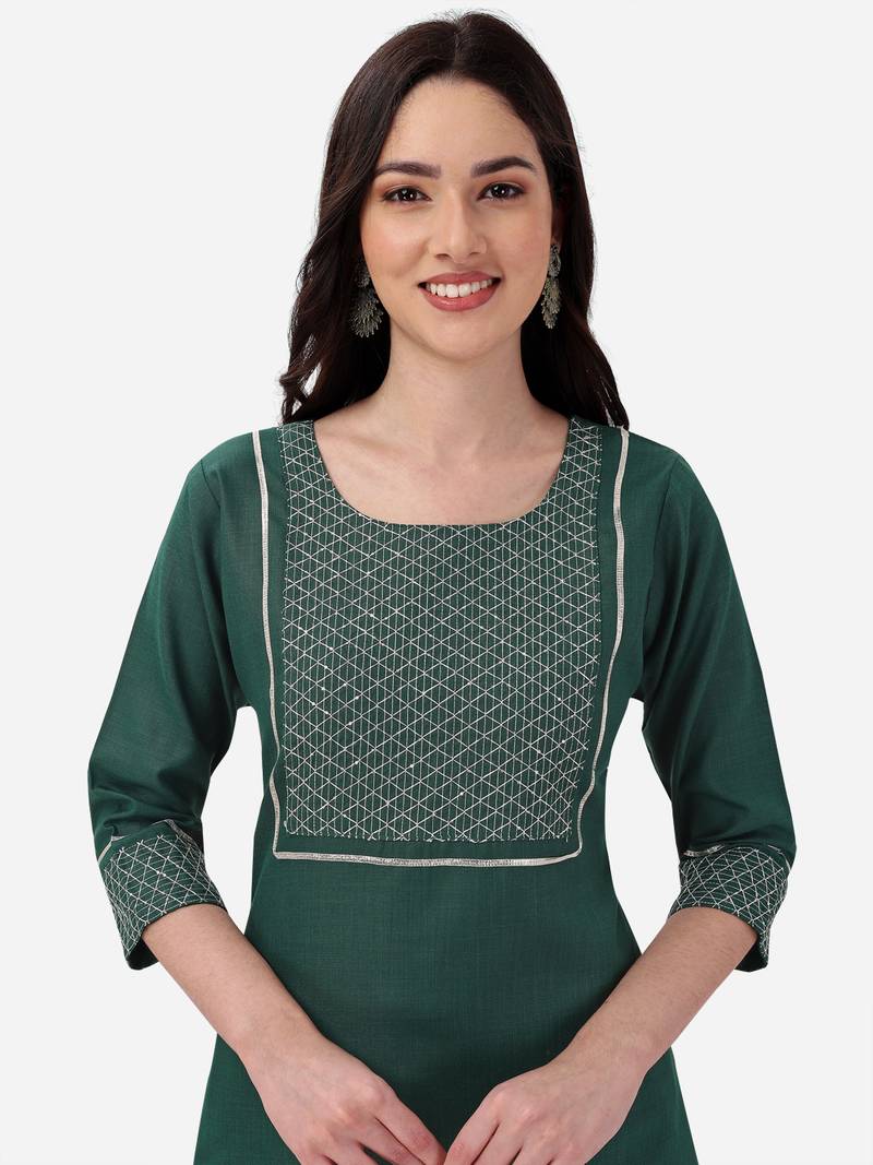 Seamore Cotton Blend Green Embroidery For Women Stitched Kurta Set