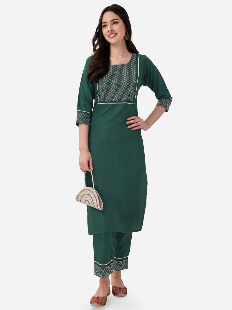 Seamore Cotton Blend Green Embroidery For Women Stitched Kurta Set