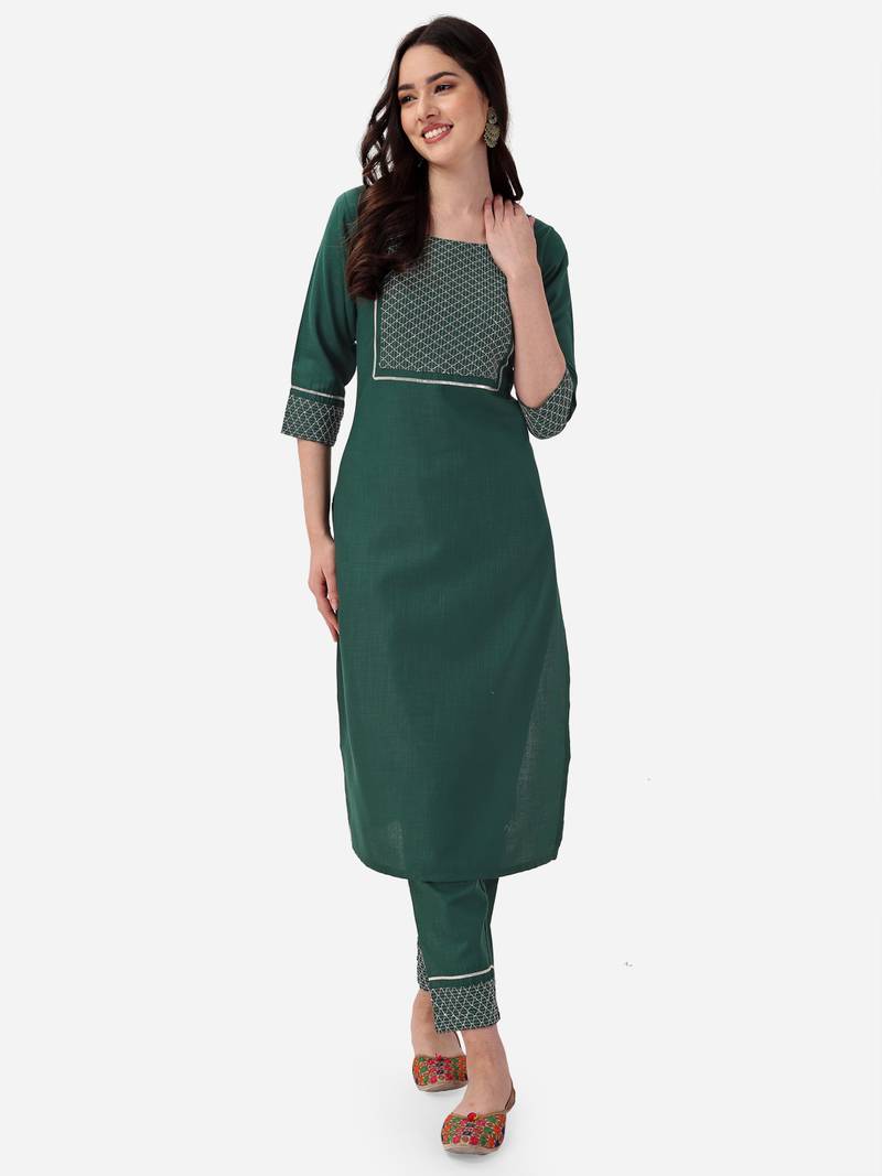 Seamore Cotton Blend Green Embroidery For Women Stitched Kurta Set