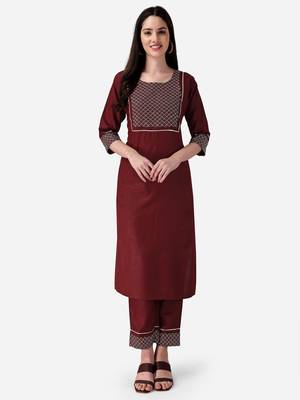 Seamore Cotton Blend Brown Embroidery For Women Stitched Kurta Set 1
