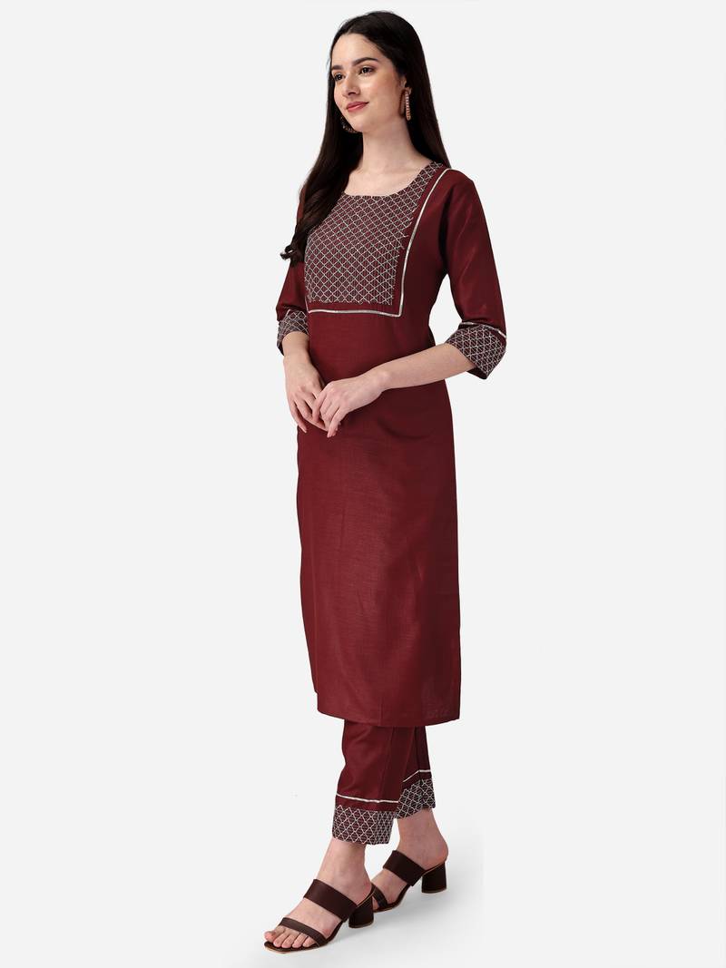 Seamore Cotton Blend Brown Embroidery For Women Stitched Kurta Set
