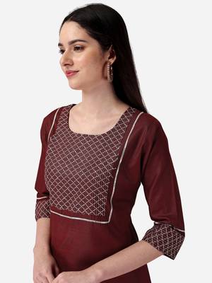 Seamore Cotton Blend Brown Embroidery For Women Stitched Kurta Set 3