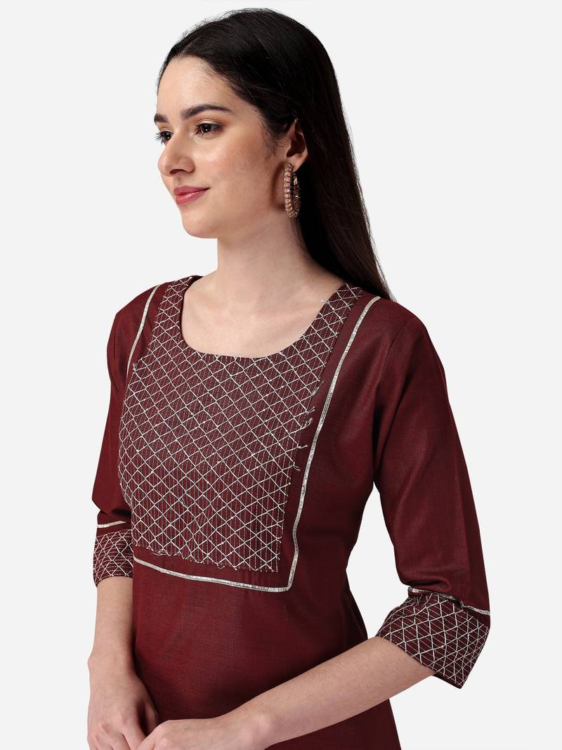 Seamore Cotton Blend Brown Embroidery For Women Stitched Kurta Set