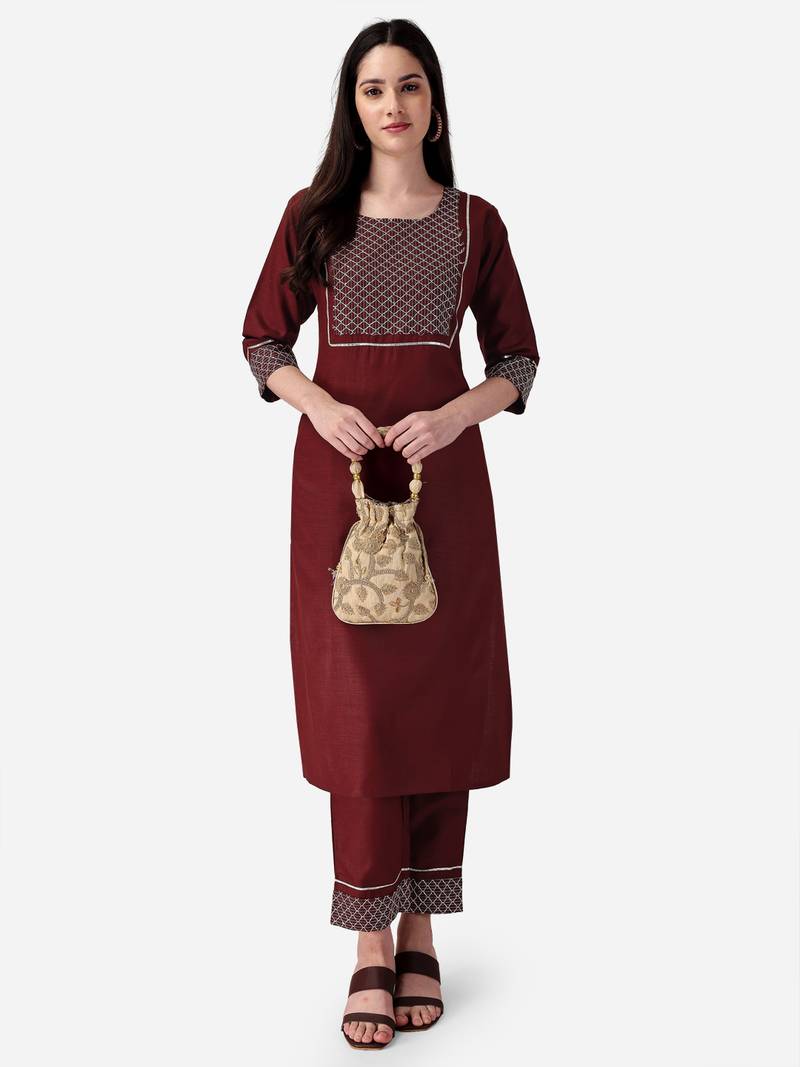 Seamore Cotton Blend Brown Embroidery For Women Stitched Kurta Set