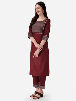 Seamore Cotton Blend Brown Embroidery For Women Stitched Kurta Set 5