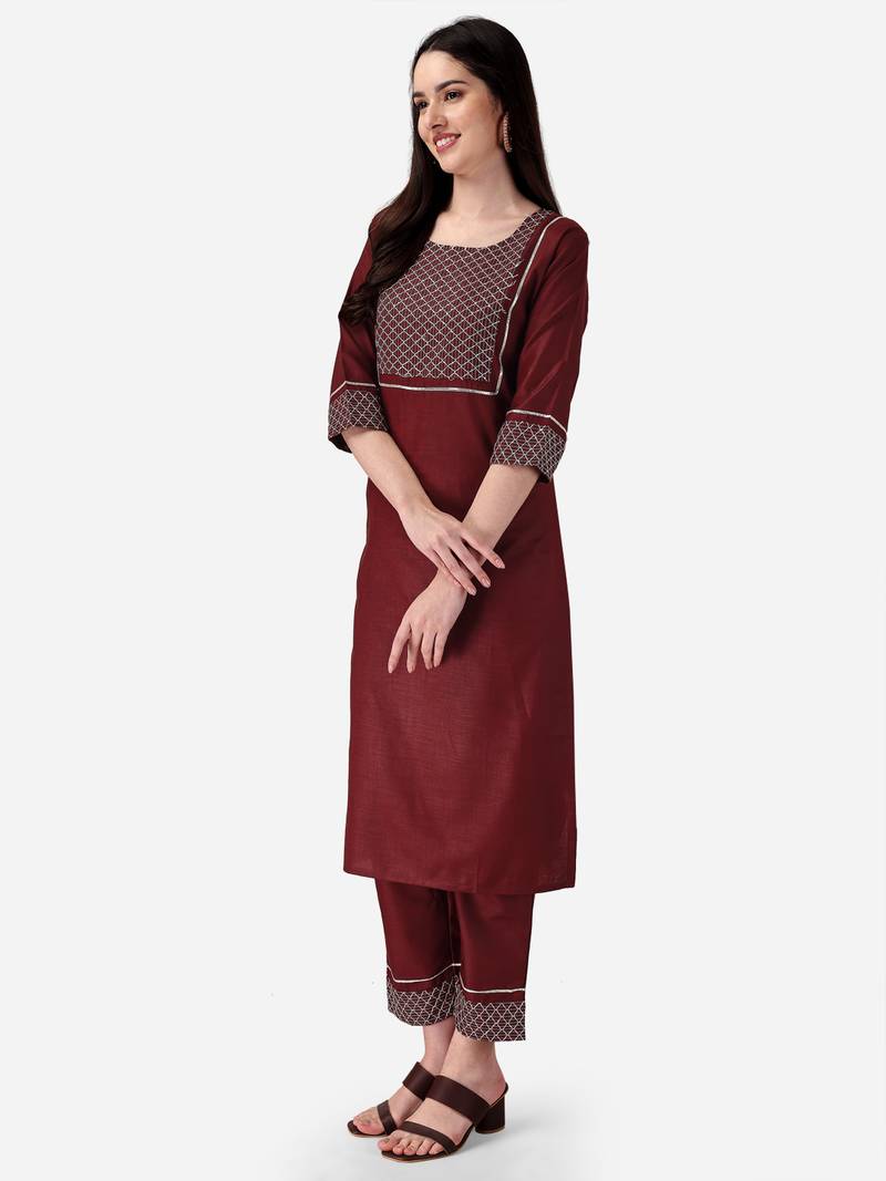 Seamore Cotton Blend Brown Embroidery For Women Stitched Kurta Set