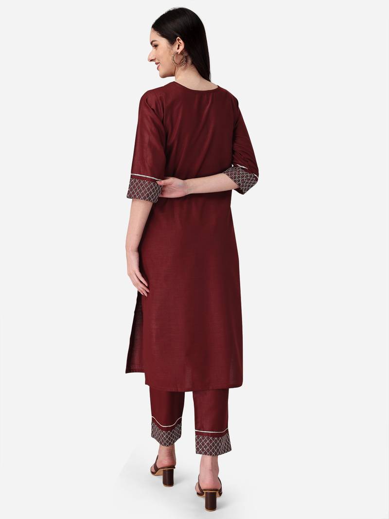 Seamore Cotton Blend Brown Embroidery For Women Stitched Kurta Set