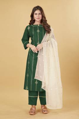 Seamore Cotton Blend Green Embroidery For Women Stitched Kurta Set 1