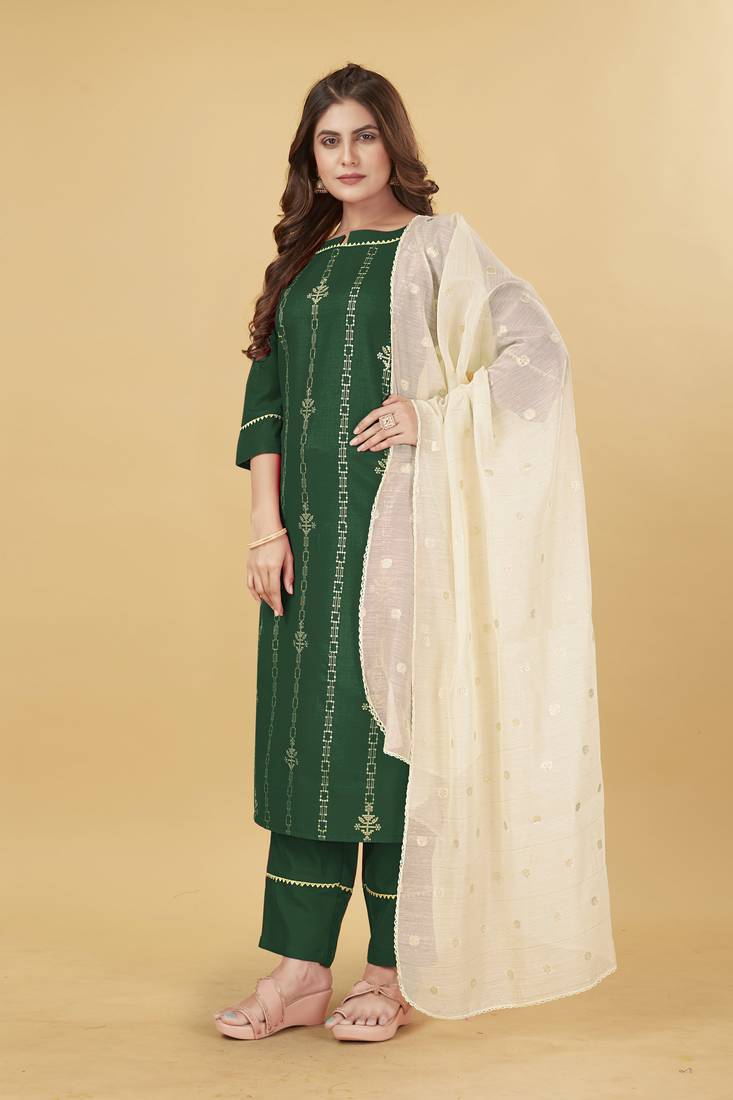 Seamore Cotton Blend Green Embroidery For Women Stitched Kurta Set