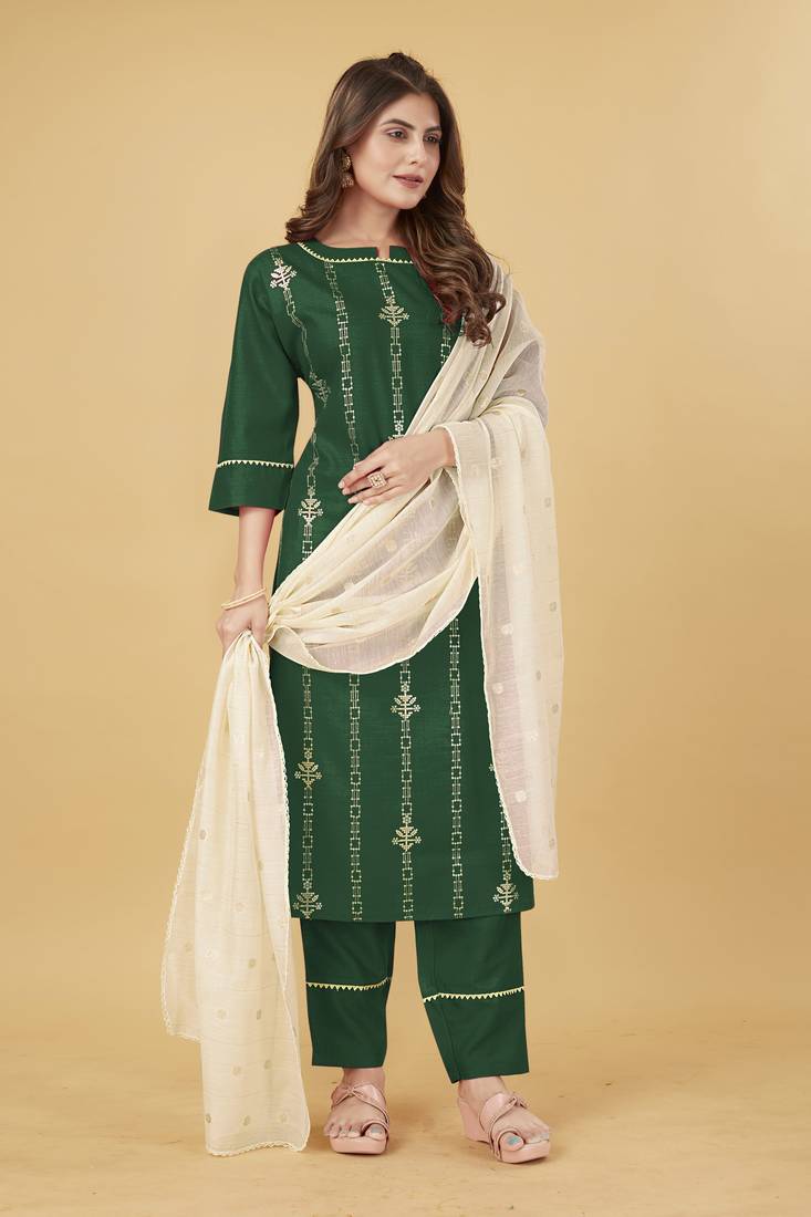 Seamore Cotton Blend Green Embroidery For Women Stitched Kurta Set