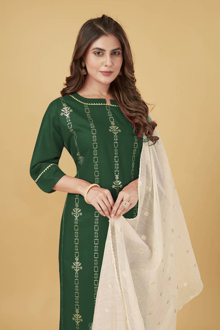 Seamore Cotton Blend Green Embroidery For Women Stitched Kurta Set
