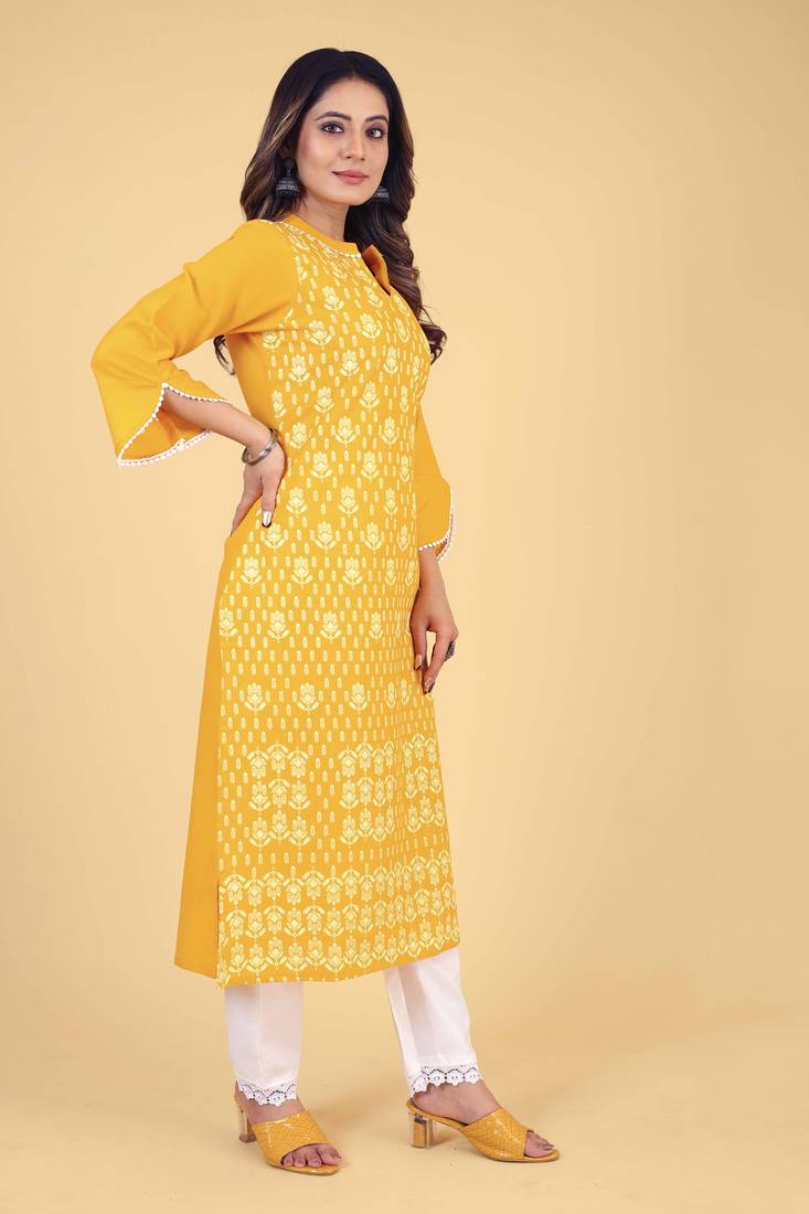 Seamore Cotton Slub Yellow Printed For Women Stitched Kurta Set