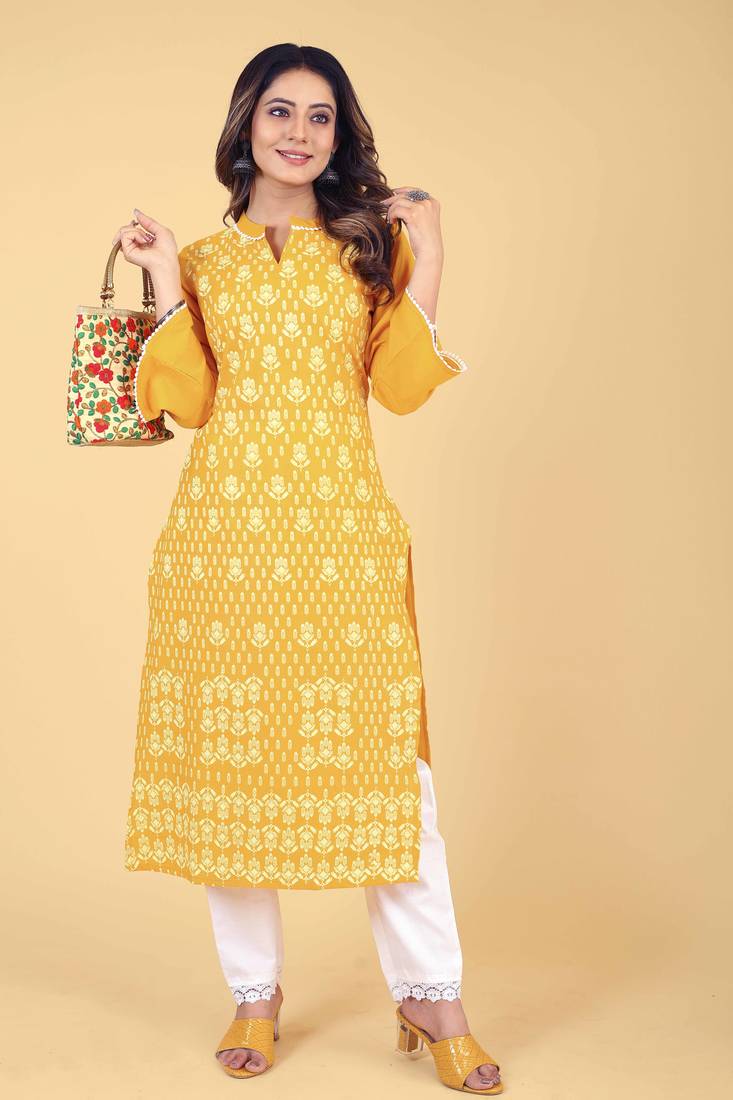 Seamore Cotton Slub Yellow Printed For Women Stitched Kurta Set