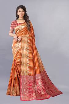 Orange Woven Banarasi silk blend Saree With Blouse