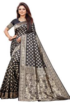 Black Woven Banarasi silk blend Saree With Blouse