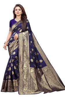 Blue Woven Banarasi silk blend Saree With Blouse