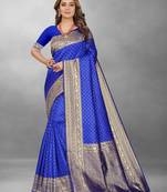 Blue Woven Banarasi silk blend Saree With Blouse