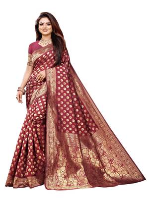 Maroon Woven Banarasi silk blend Saree With Blouse 1