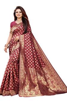 Maroon Woven Banarasi silk blend Saree With Blouse