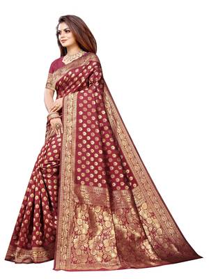Maroon Woven Banarasi silk blend Saree With Blouse 2