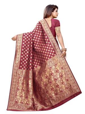 Maroon Woven Banarasi silk blend Saree With Blouse 3