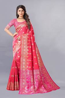 Pink Woven Banarasi silk blend Saree With Blouse