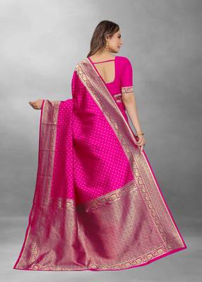 Pink Woven Banarasi silk blend Saree With Blouse 3