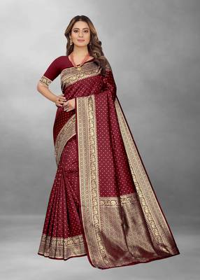 Maroon Woven Banarasi silk blend Saree With Blouse 1