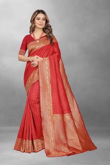 Red Woven Banarasi silk blend Saree With Blouse