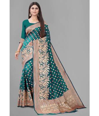 Green Woven Banarasi silk blend Saree With Blouse 1