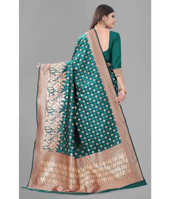 Green Woven Banarasi silk blend Saree With Blouse 3